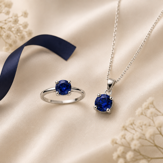 Natural Blue Sapphire Silver Ring & Pendant