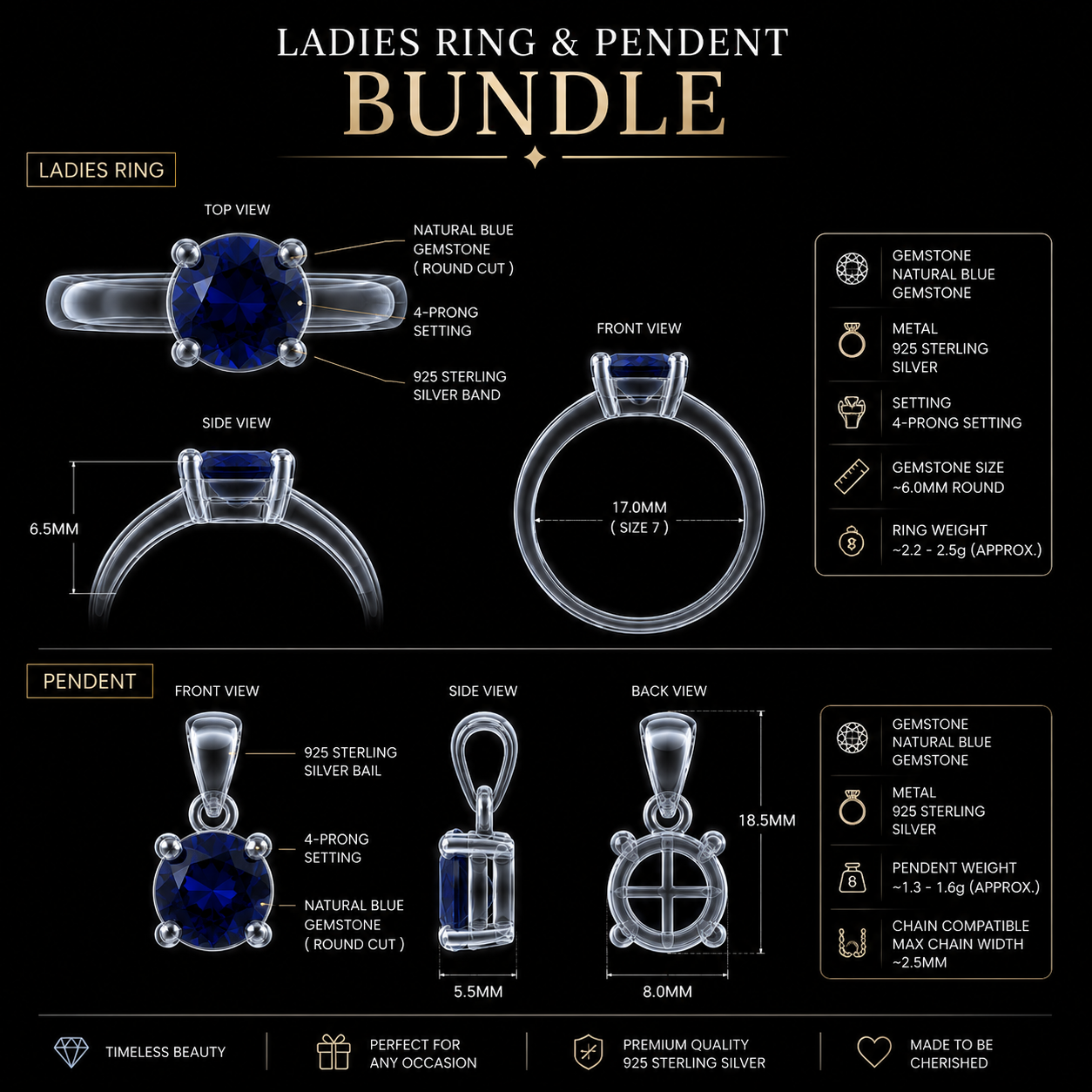 Natural Blue Sapphire Silver Ring & Pendant
